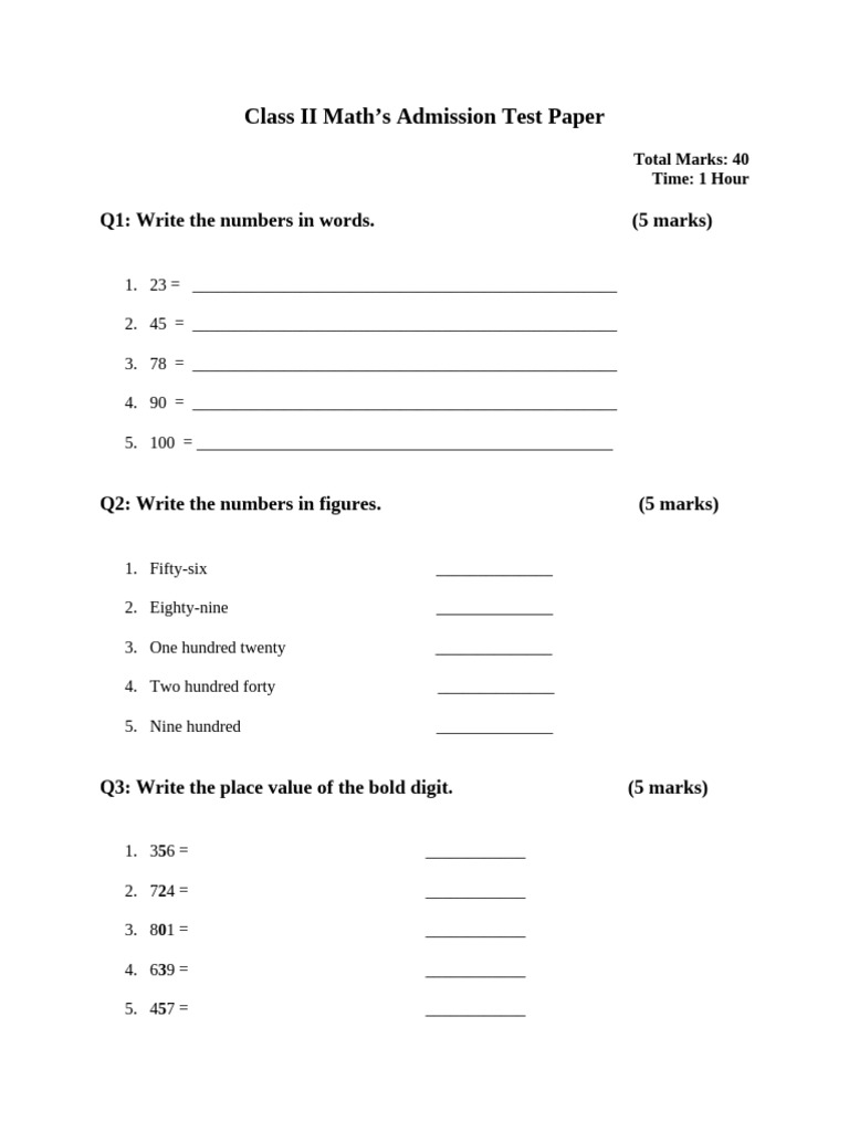 Class II Math Admission Test Paper | PDF | Arithmetic | Mathematics