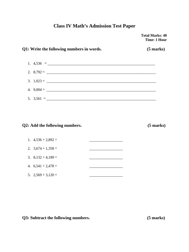 Class IV Math Admission Test Paper | PDF