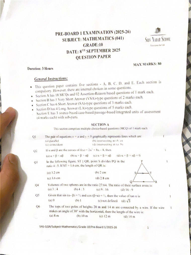 Maths Pre Board Paper | PDF