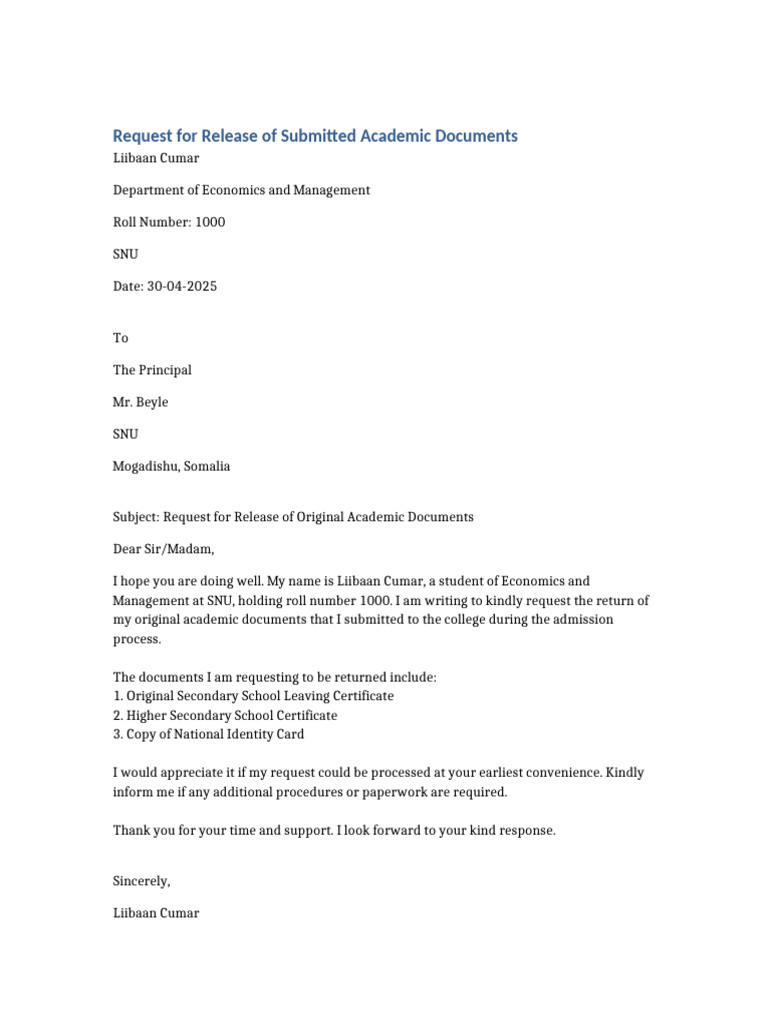 Academic Document Request Liibaan Cumar | PDF