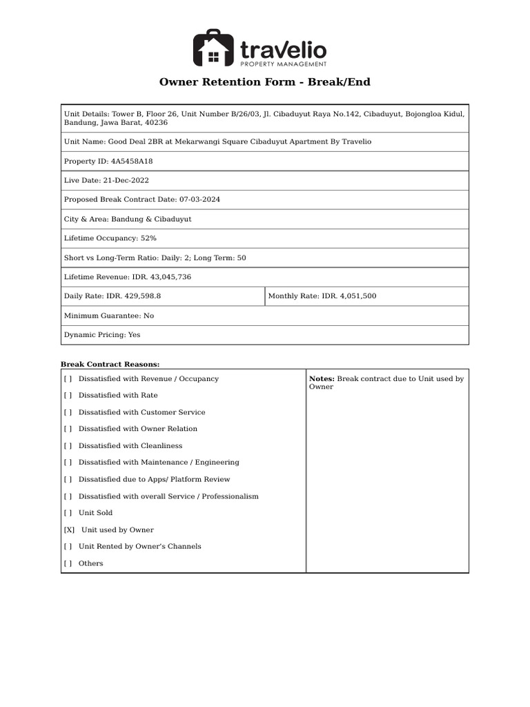 Owner Retention Form - Break/End: Break Contract Reasons: Notes: Break ...