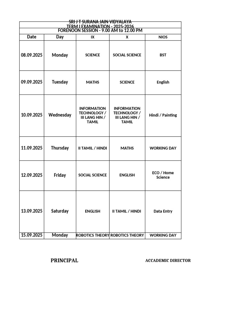 Term I Exam Schedule 2025-2026 | PDF