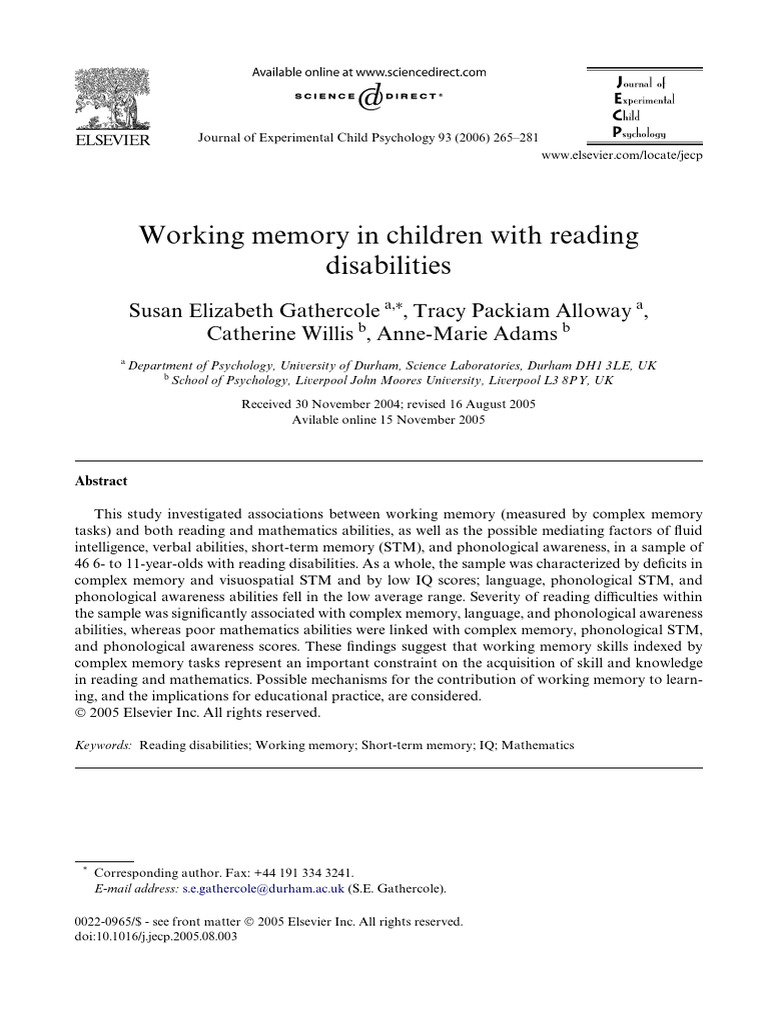 Working Memory in Reading Disabilities | PDF | Wechsler Adult ...