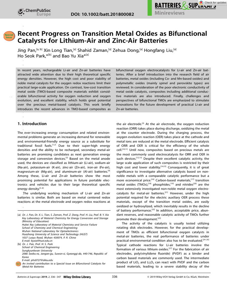 Batteries Supercaps - 2018 - Pan - Recent Progress on Transition Metal ...