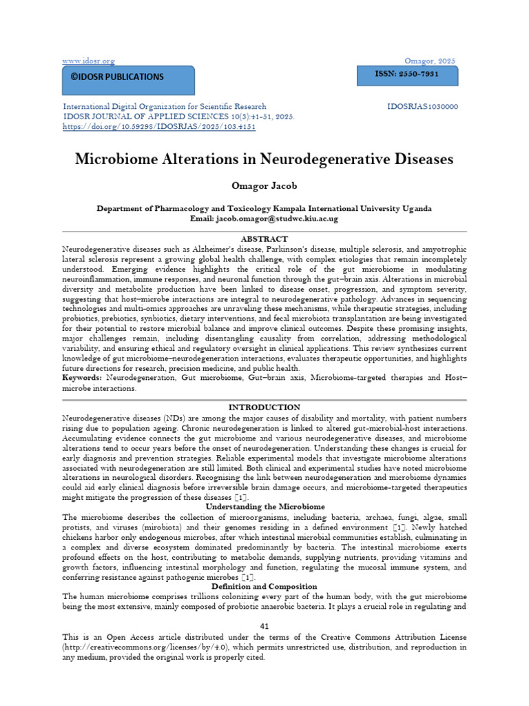 Microbiome Alterations in Neurodegenerative Diseases (www.kiu.ac.ug ...