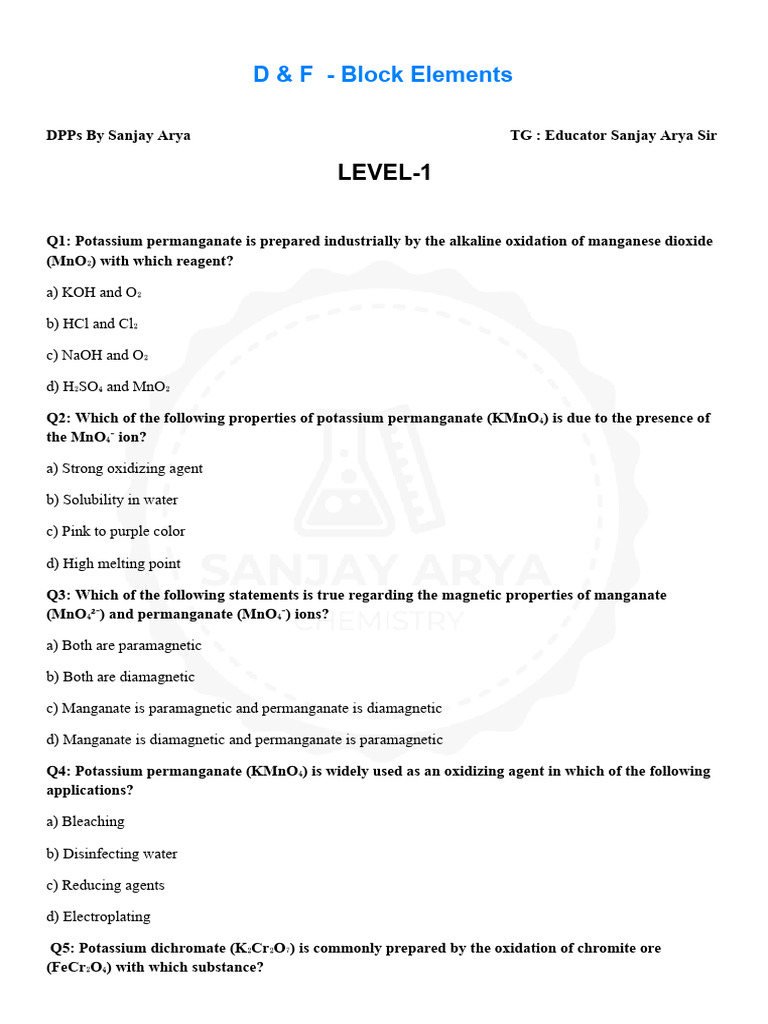 D & F - Block Elements DPP3 | PDF | Redox | Potassium