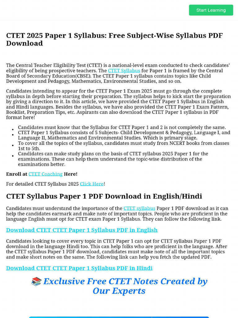 CTET 2025 Paper 1 Syllabus - Free Subject-Wise Syllabus PDF Download | PDF