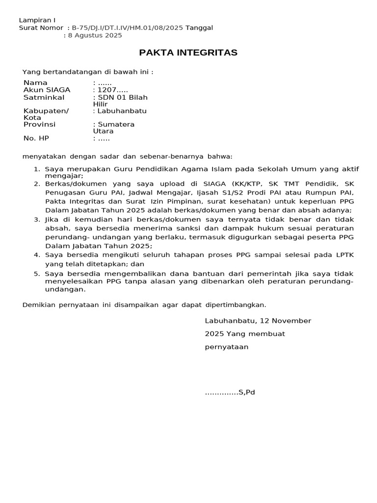 Format Pakta Integritas (1) | PDF