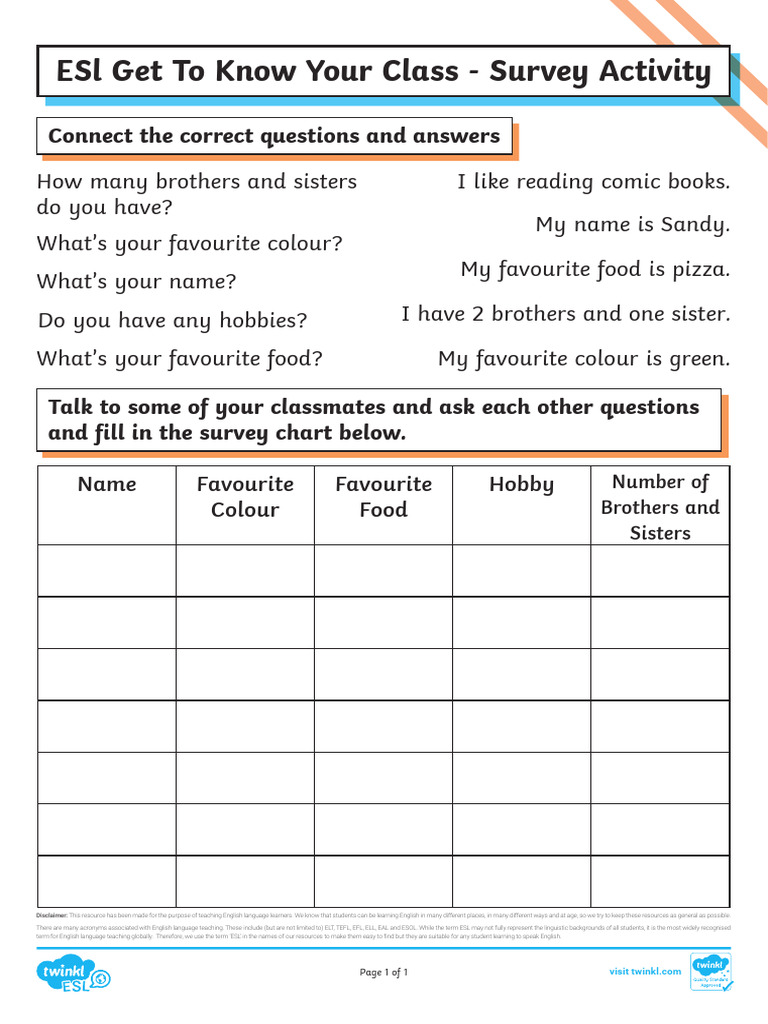 ESL Class Survey Activity Guide | PDF | English As A Second Or Foreign ...