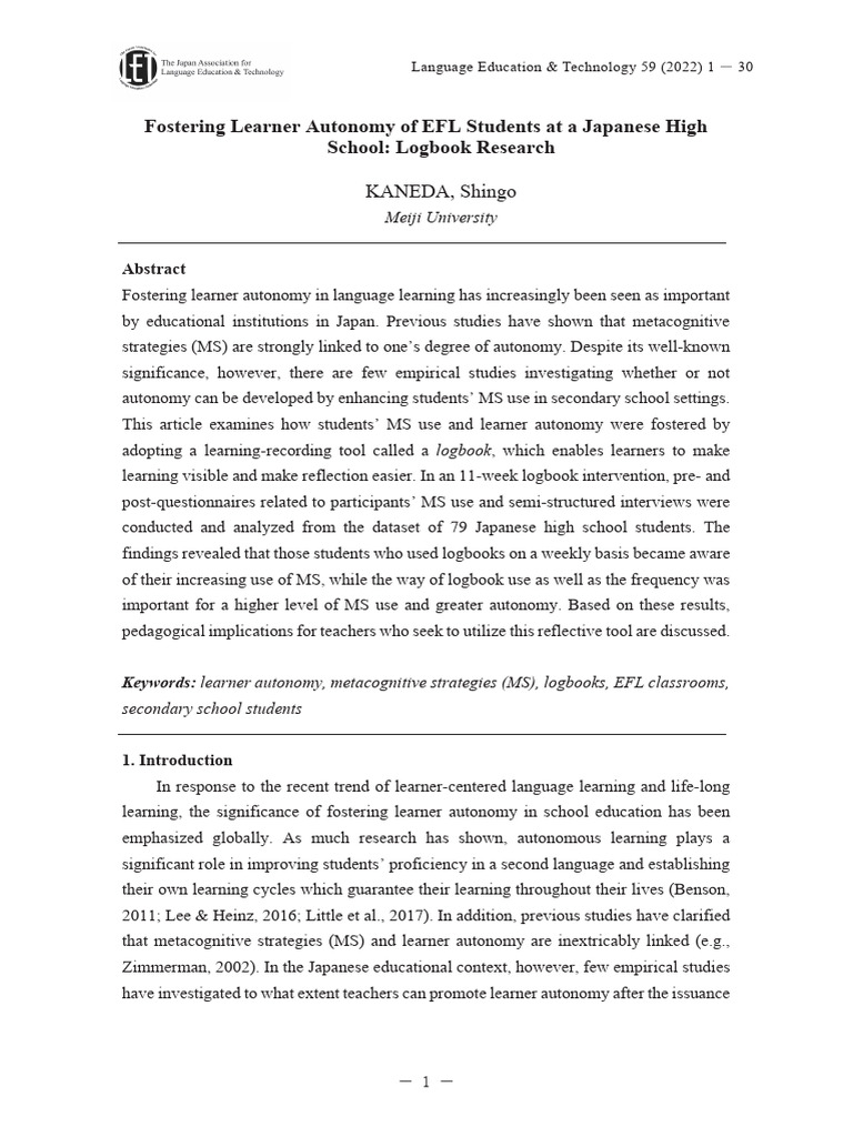 Enhancing EFL Learner Autonomy with Logbooks | PDF | Metacognition ...
