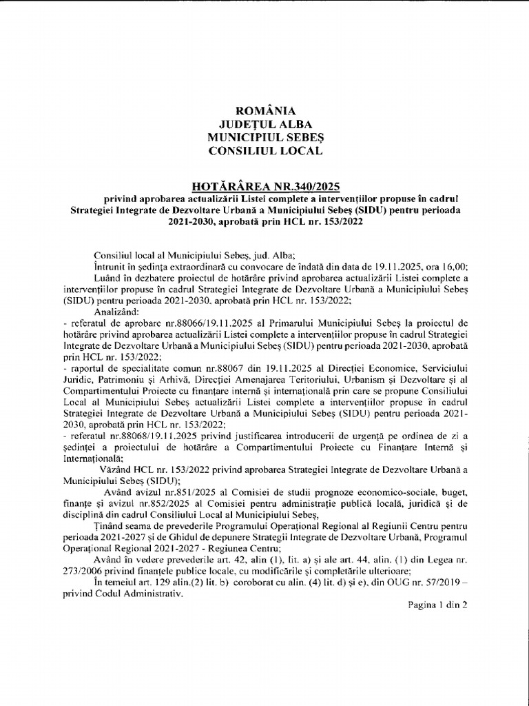 HCL Sebes Lista Interventiilor SIDU 2021-2030 | PDF