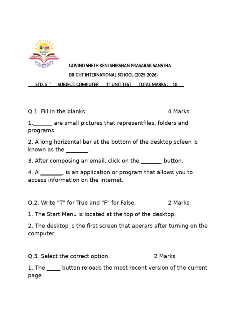 Computer Unit Test for 5th Grade | PDF
