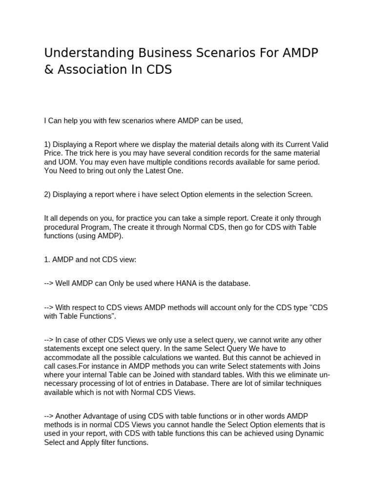 AMDP and CDS: Business Scenario Insights | PDF | Databases | Computing