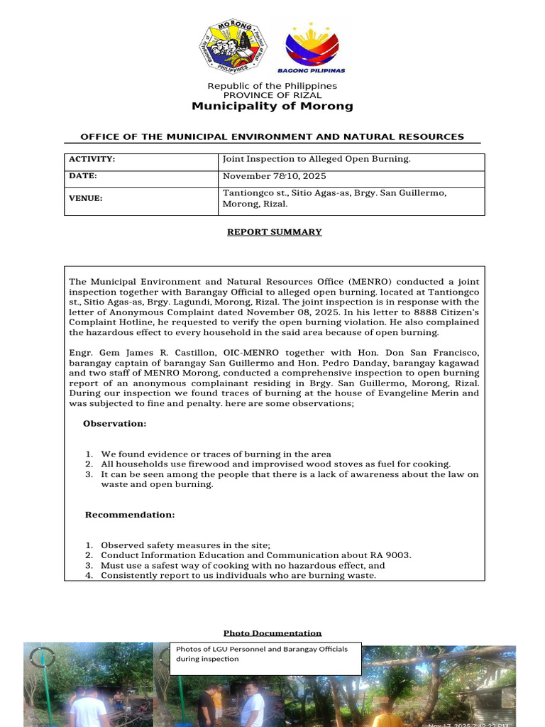 Morong Rizal Open Burning Inspection Report | PDF