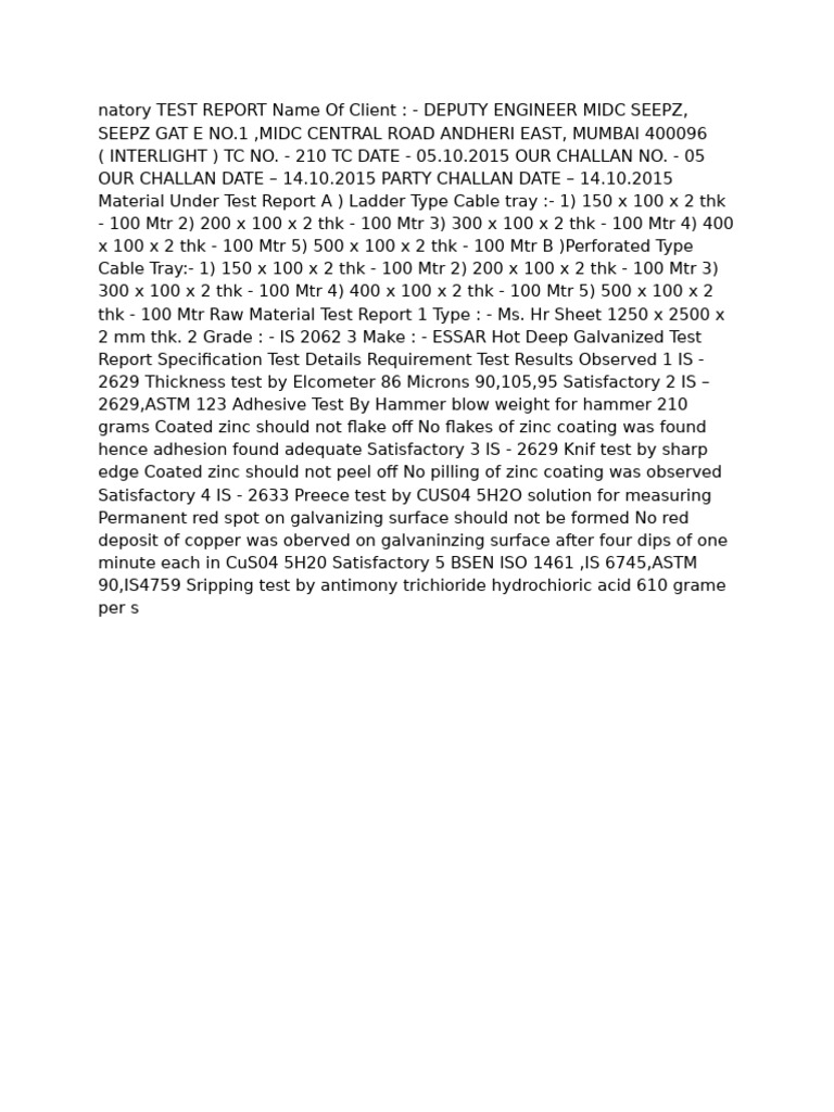 Cable Tray Test Report for MIDC | PDF