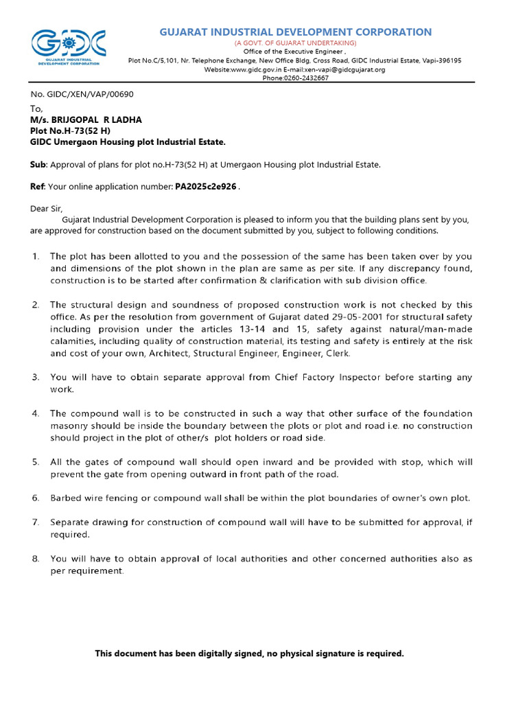 Approval of Building Plans for GIDC Plot H-73 | PDF