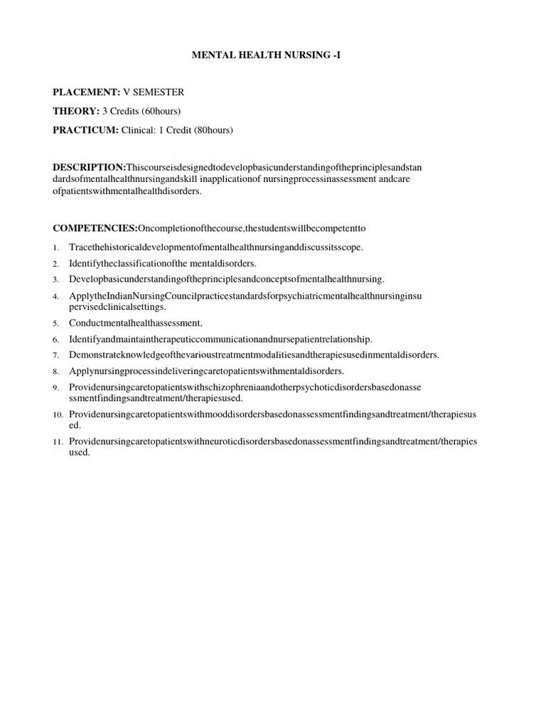 Mental Health Nursing Course Overview | PDF | Mental Disorder ...