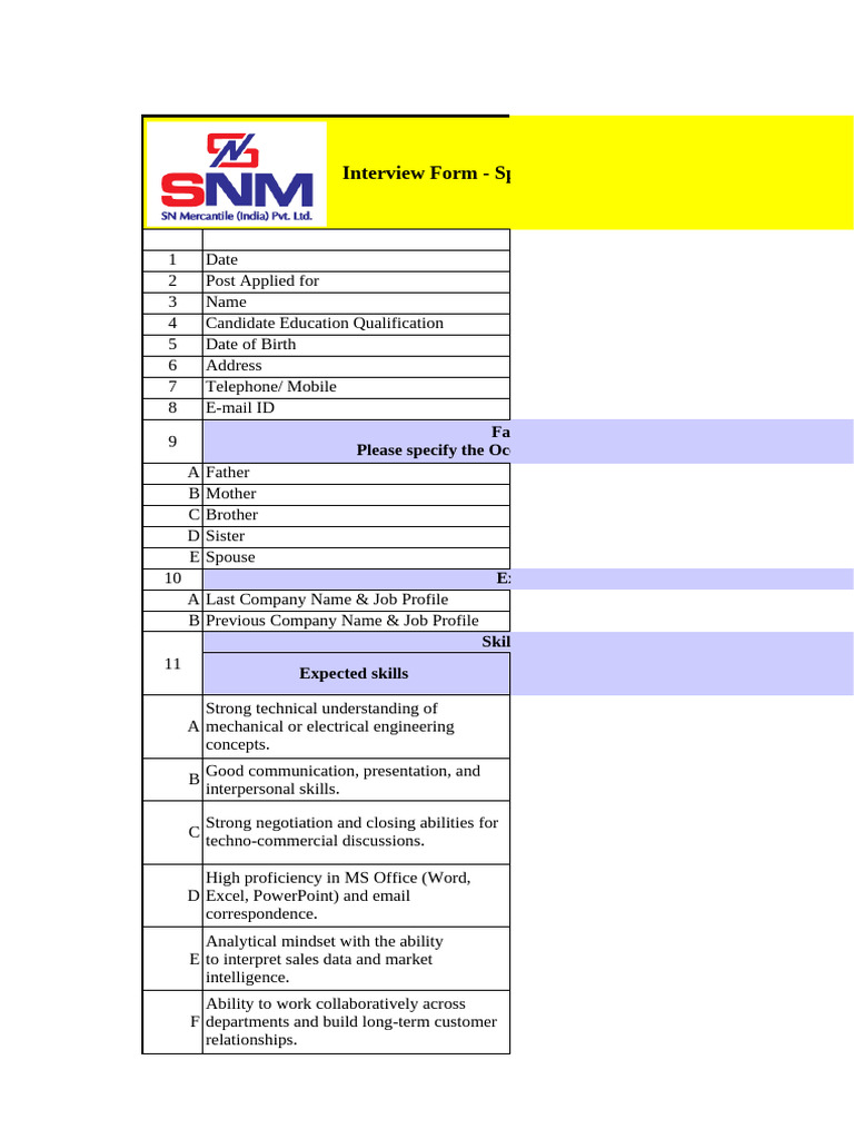 Spare Parts Sales Engineer Interview Form | PDF | Skill | Performance ...