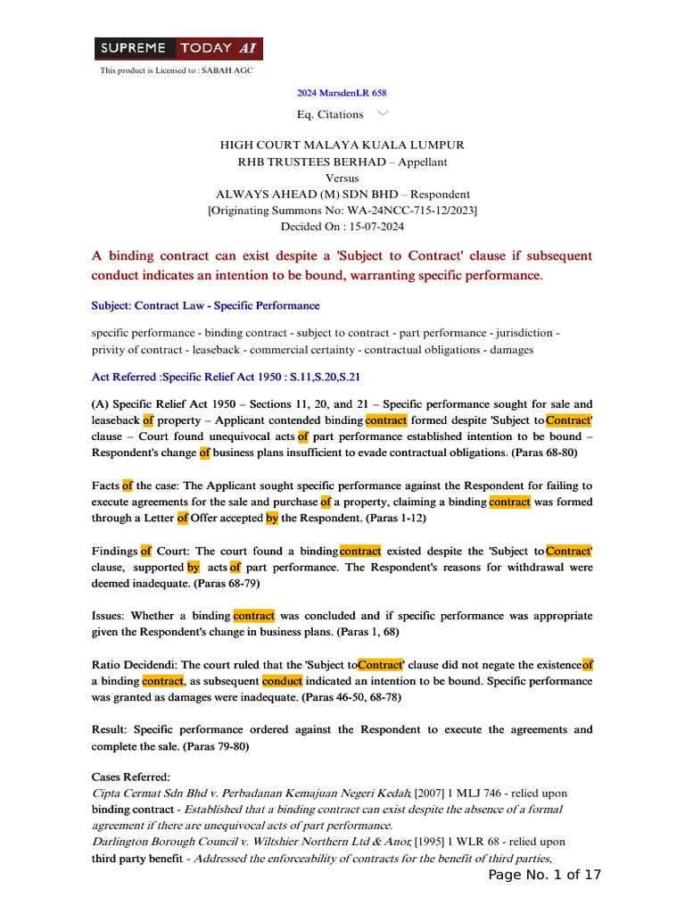 Contract Law: Specific Performance Ruling | PDF
