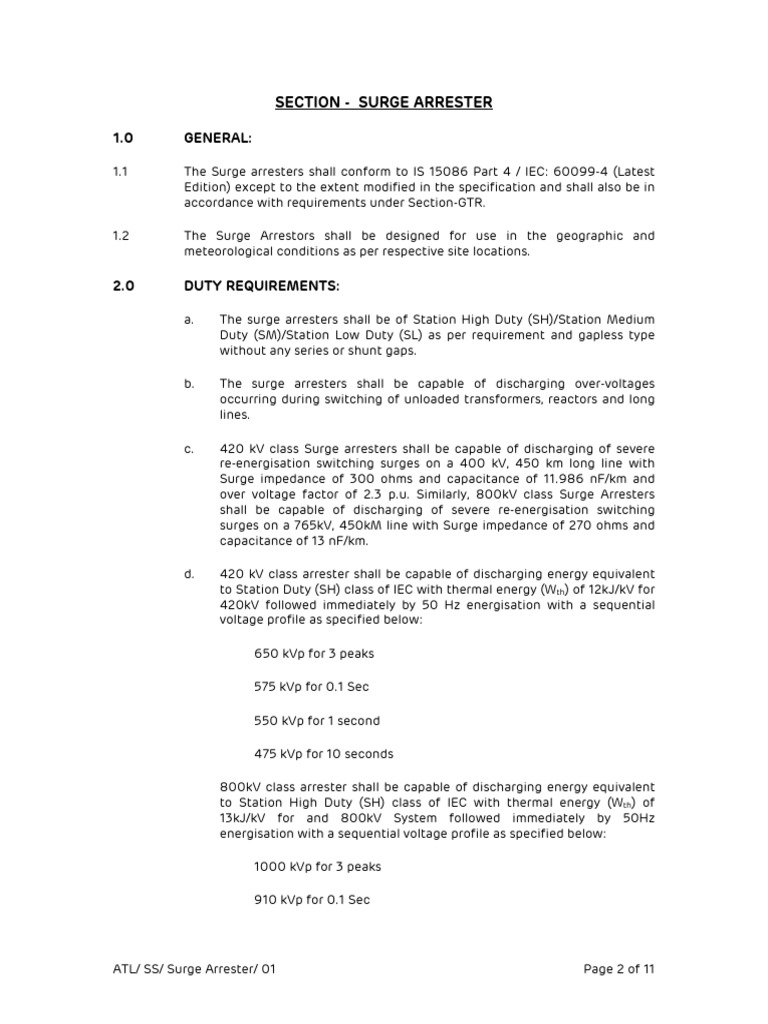 Surge Arrester Specifications and Requirements | PDF | Transformer ...
