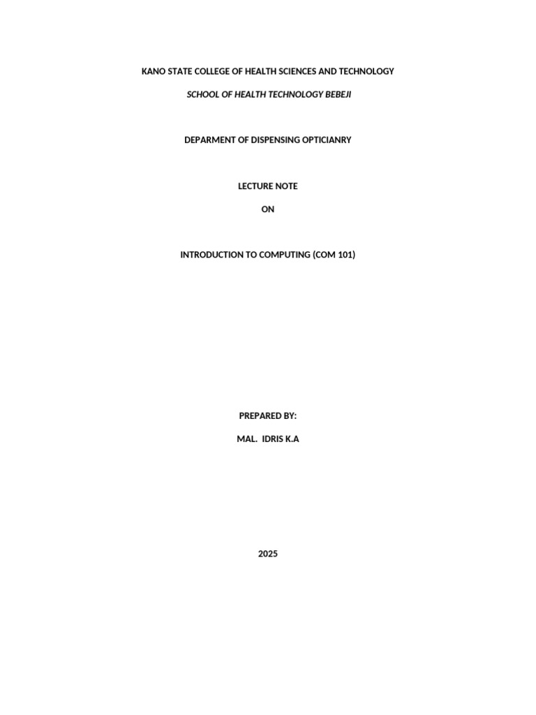 Lecture Note On Intro. To Com 101 | PDF | Personal Computers | Central ...