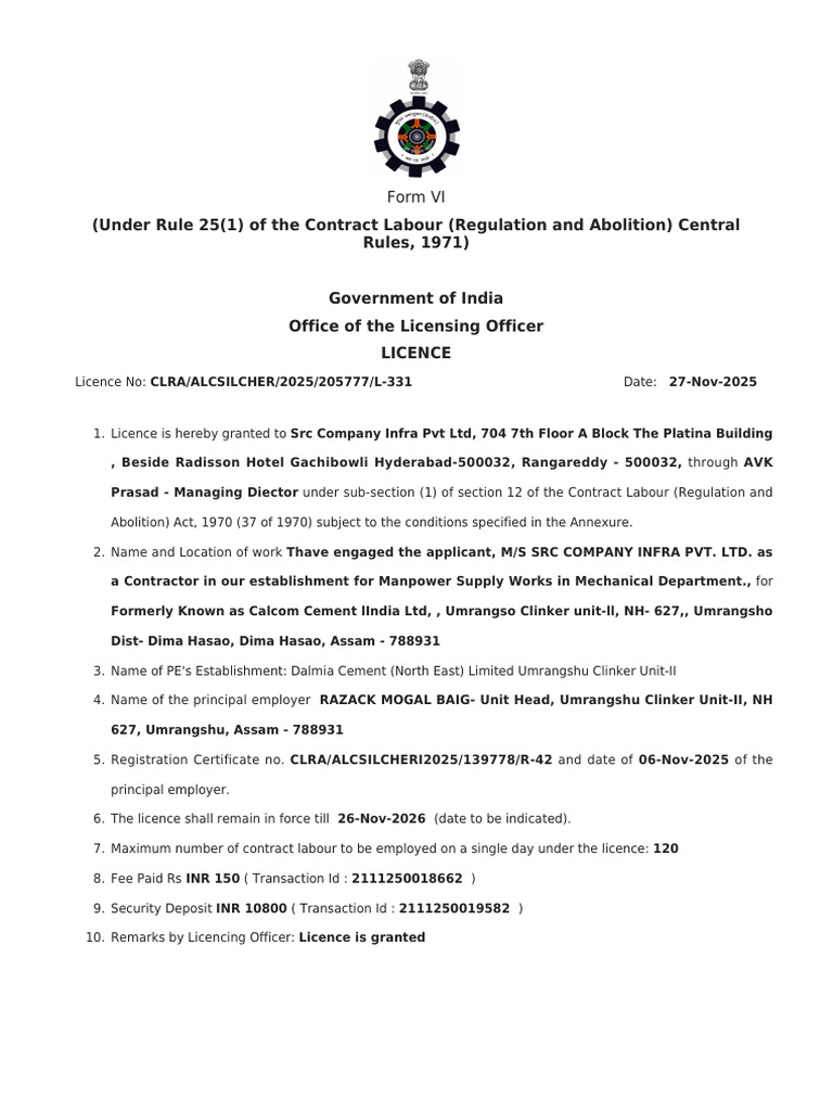Contract Labour License for SRC Company | PDF | Employment