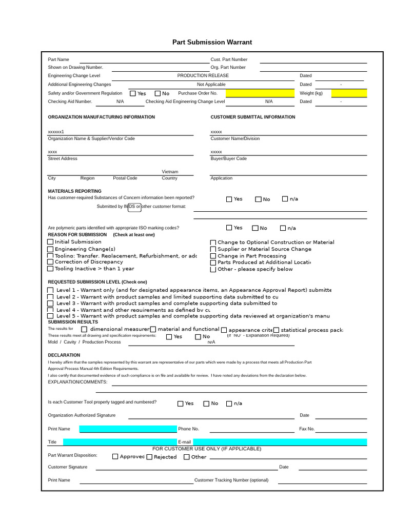 1. AGT-QC-04-BM-01 - PSW (Part Submission Warrant) Bản Đăng Ký Phê ...