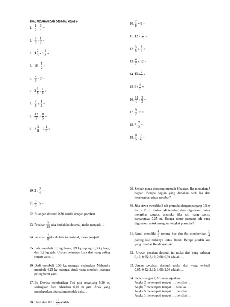 Soal Pecahan dan Desimal Kelas 6 | PDF