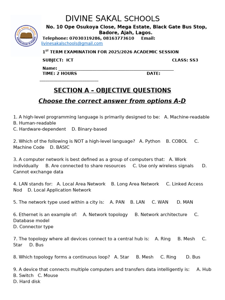SS3 ICT 1st Term Exam 2025/2026 | PDF | Computer Network | World Wide Web