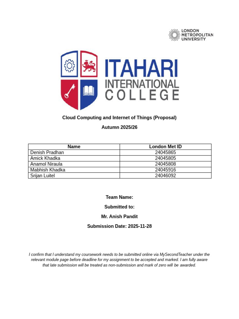 Cloud Computing and Internet of Things (Proposal) Autumn 2025/26 | PDF