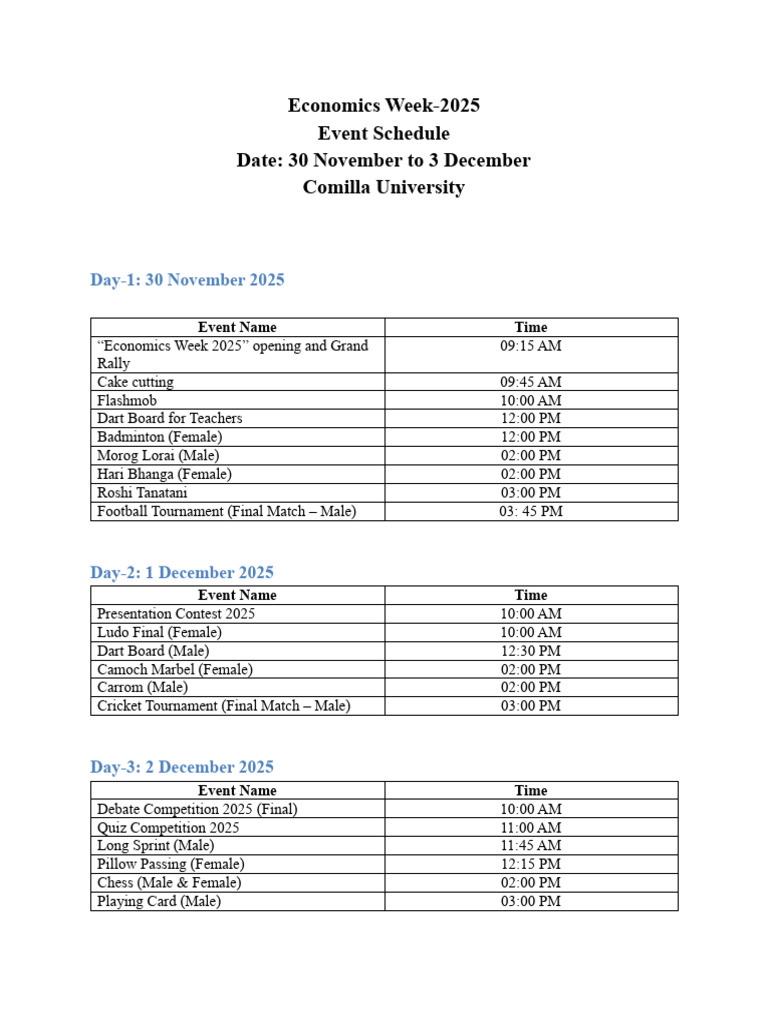 Economics Week 2025 Event Schedule | PDF