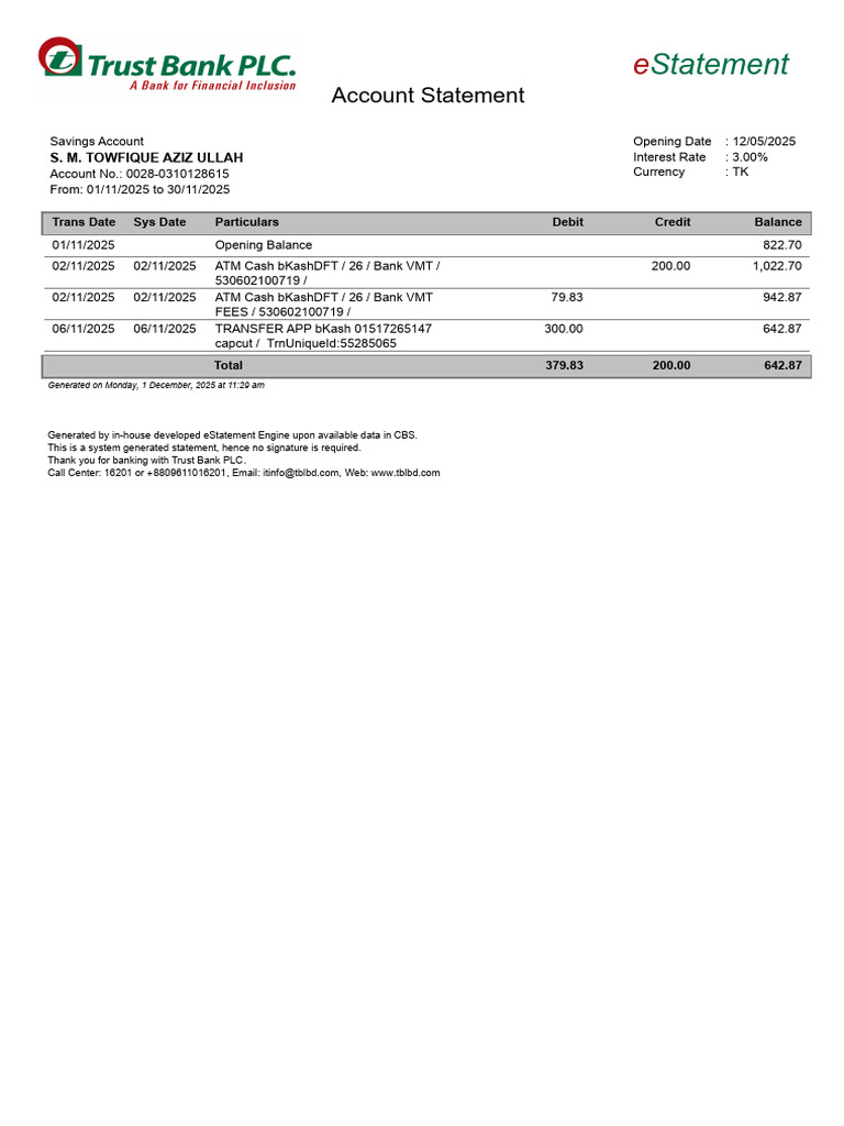 November 2025 Savings Account Statement | PDF