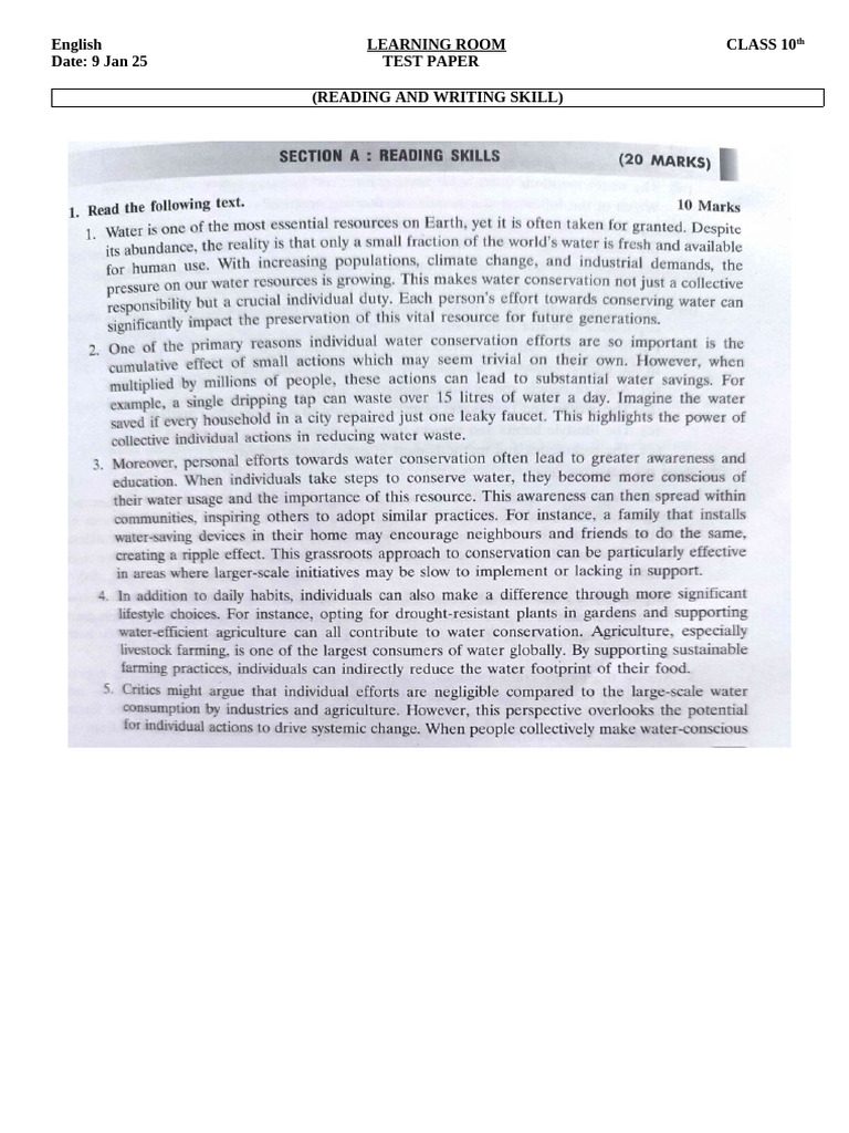 Class 10 English Test Paper 2025 | PDF