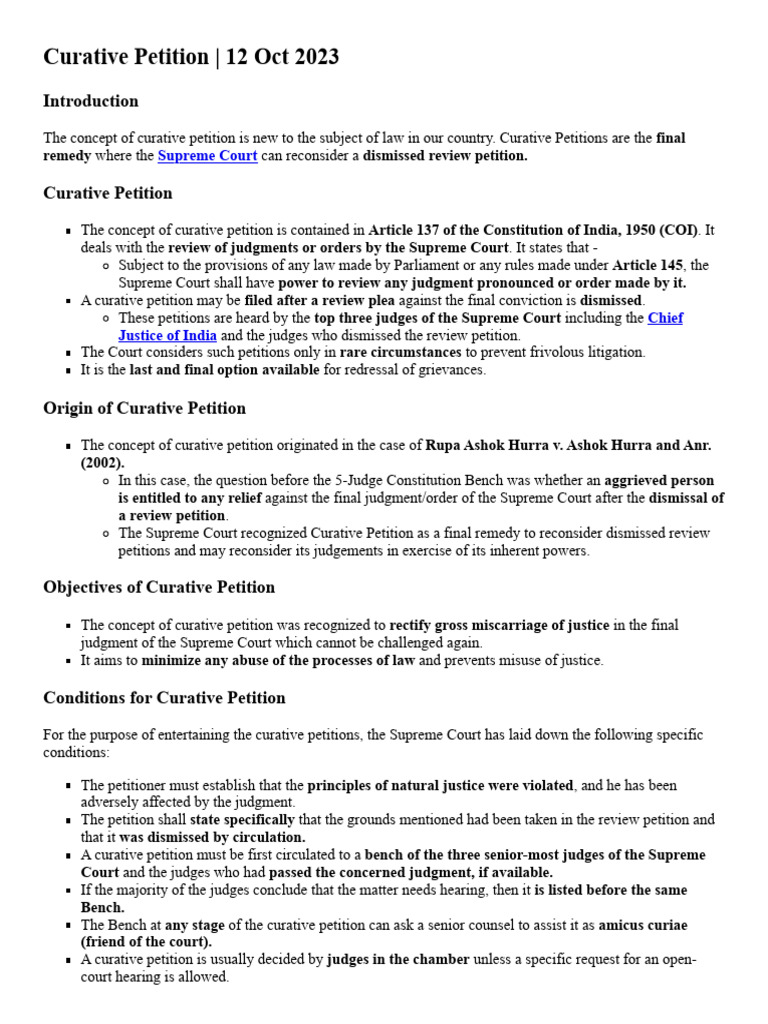 To The Point TTP Constitution of India Curative Petition Print 2 | PDF ...