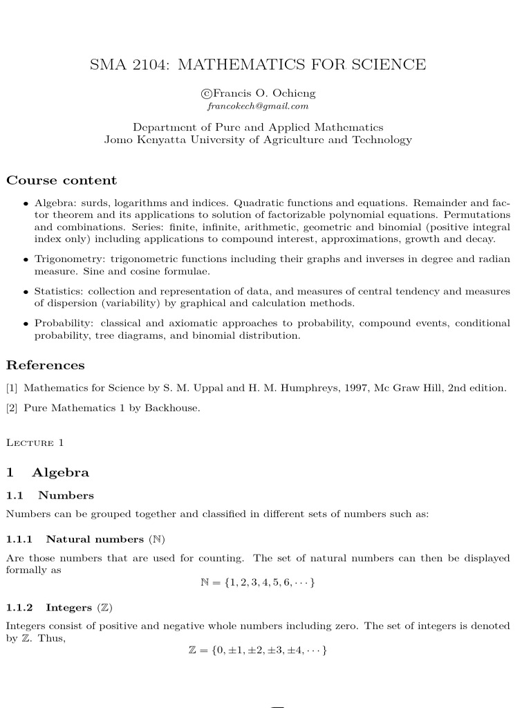 Mathematics for Science Course Overview | PDF | Numbers | Quadratic ...