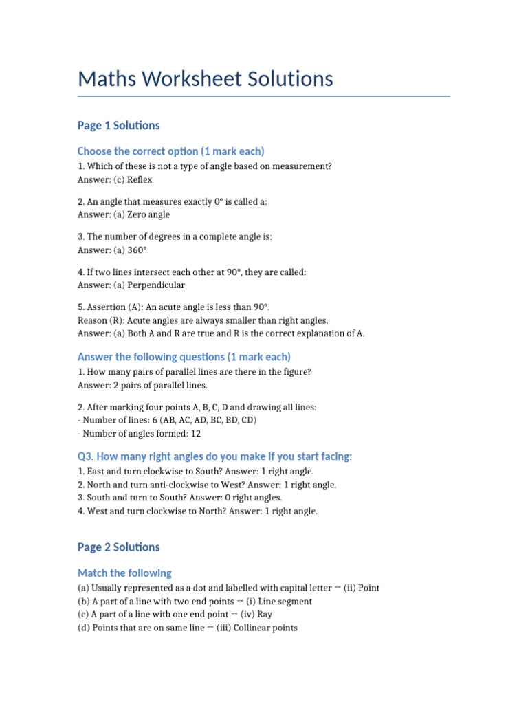 Maths Worksheet Solutions Explained | PDF | Line (Geometry) | Angle