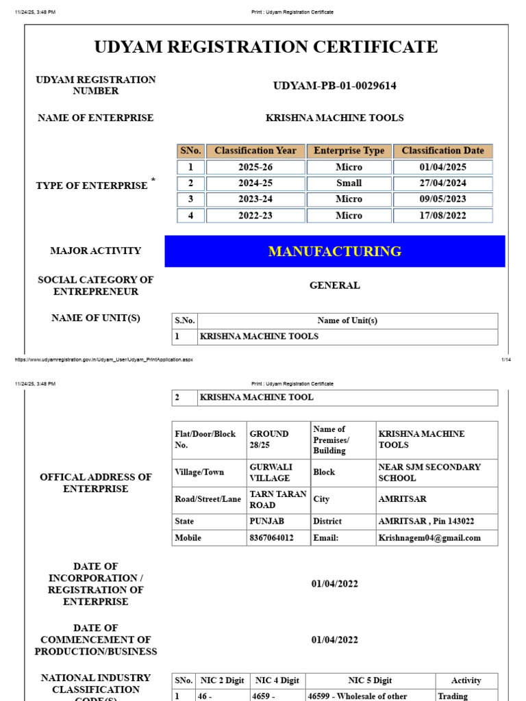 Udyam Registration for Krishna Machine Tools | PDF | Loader (Equipment ...