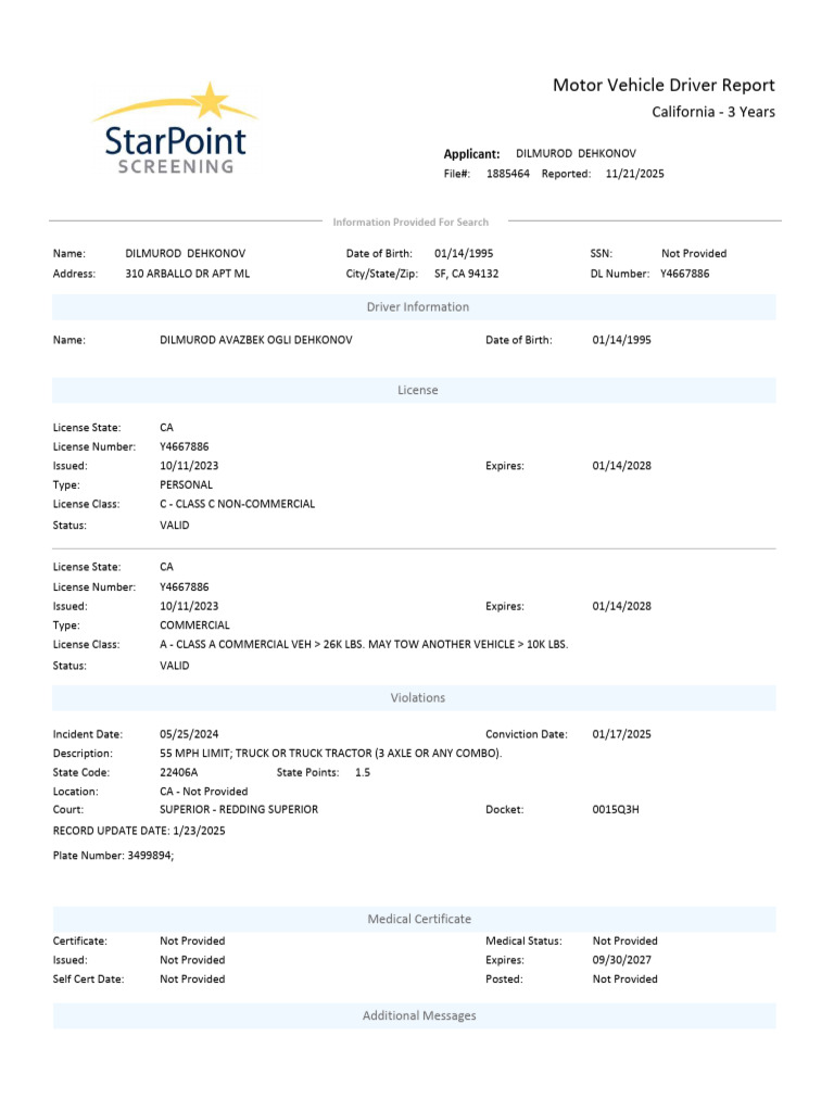 Motor Vehicle Driver Report for Dehkonov | PDF | Vehicles
