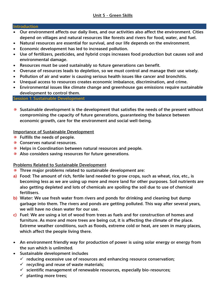 Unit 5- Green Skills | PDF | Sustainability | Sustainable Development