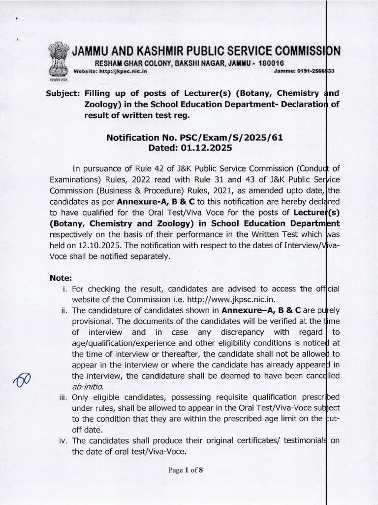 Filling Up of The Posts of Lecturer (Botany Chemistry Zoology) in The ...