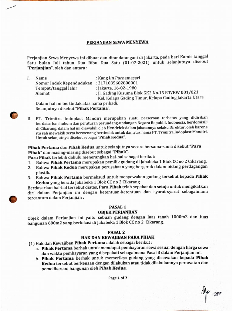 Perjanjian Sewa Menyewa | PDF