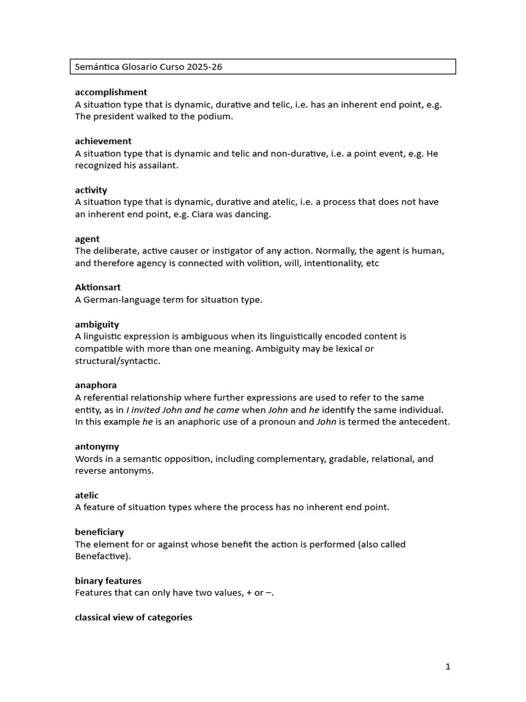 Semantics-Glossary-25-26_v2 | PDF | Cognitive Science | Lexical Semantics