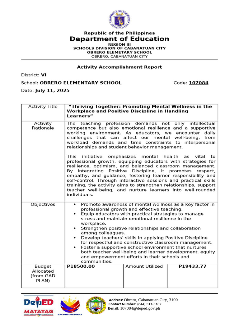Mental Wellness and Positive Discipline Report | PDF | Teachers ...