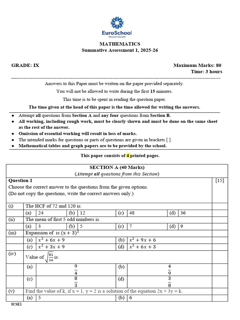 ICSE Grade IX Mathematics Assessment 2025-26 | PDF | Area | Geometric ...