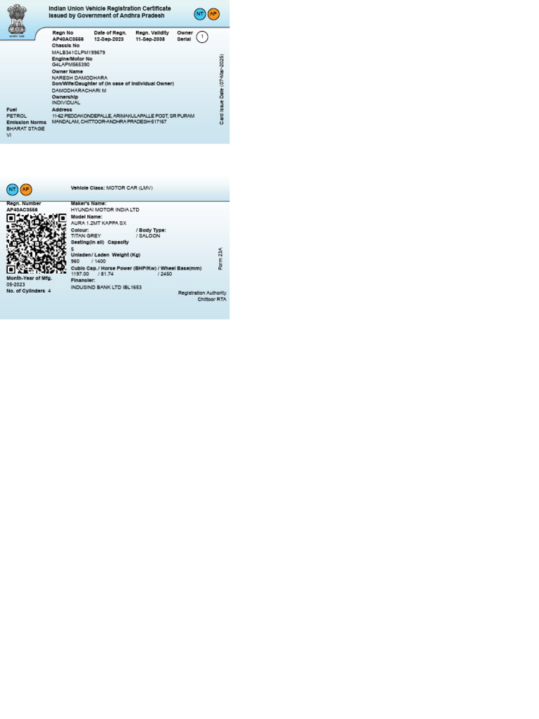 Andhra Pradesh Vehicle Registration Certificate | PDF