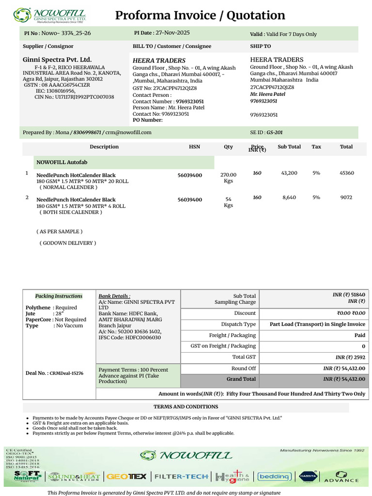 Proforma Invoice for Ginni Spectra Pvt. Ltd. | PDF | Payments