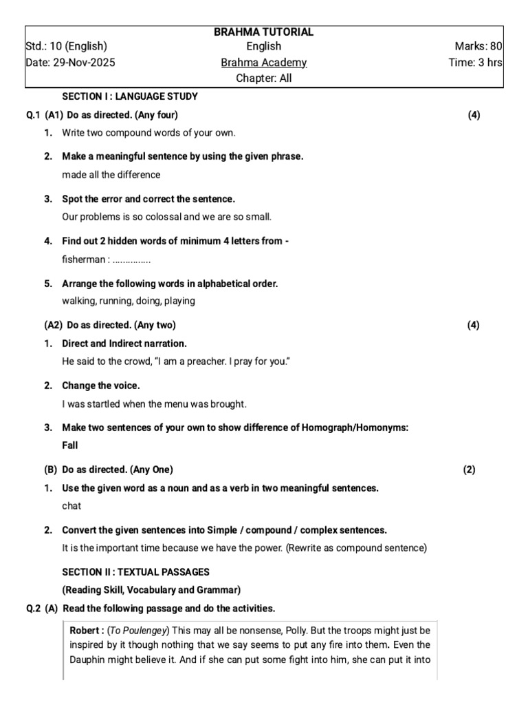 10th Grade English Exam Paper Guide | PDF | English Language | Linguistics