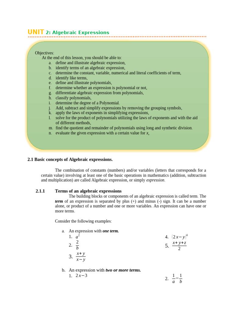 Understanding Algebraic Expressions and Polynomials | PDF | Subtraction ...