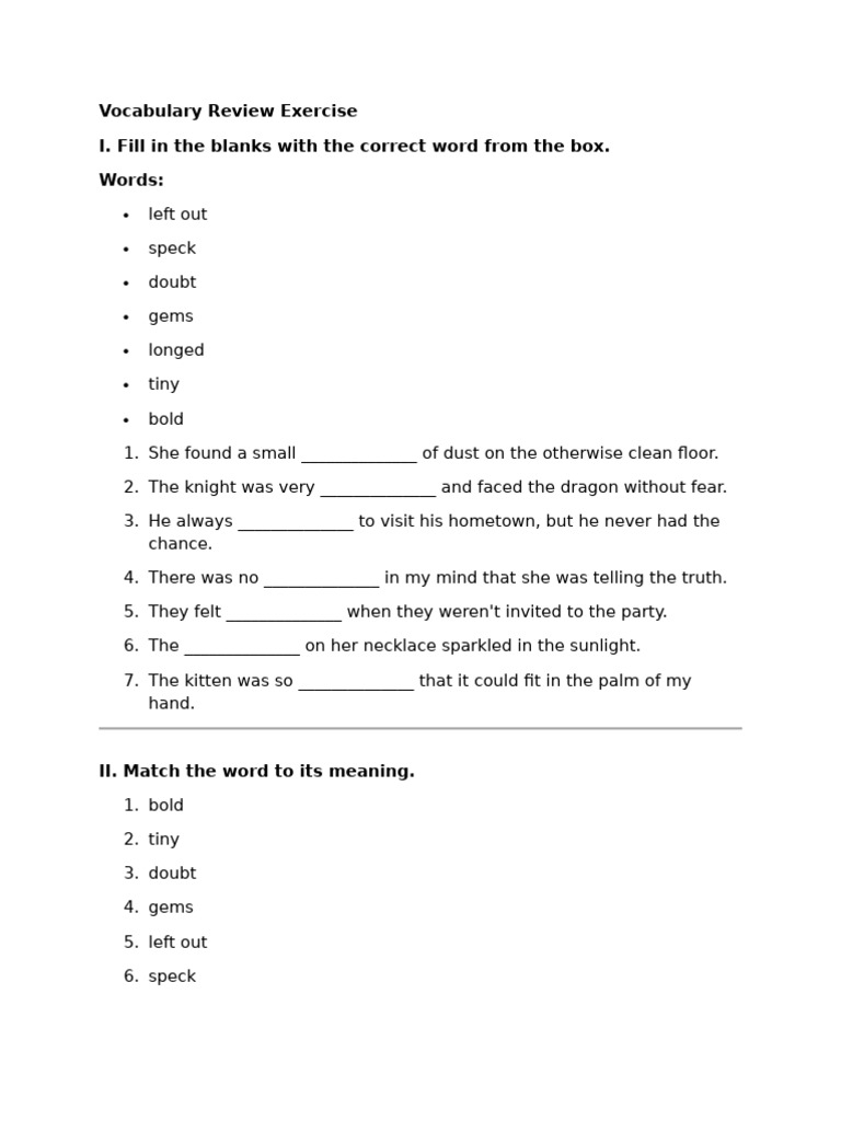 Vocabulary Review Exercise (1) | PDF