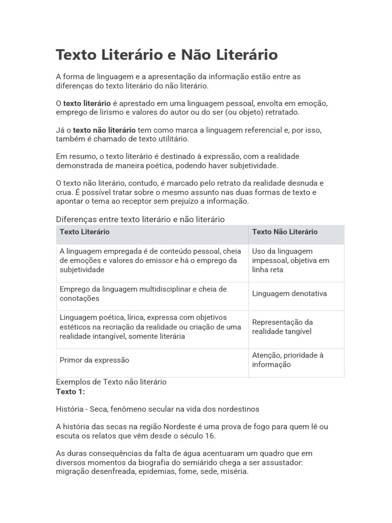 Diferenças entre Textos Literários e Não Literários | PDF | Pronome ...